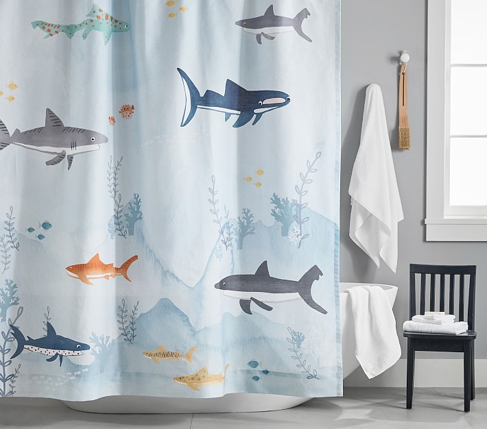 Shark Kids Shower Curtain Pottery, Shark Shower Curtain Set