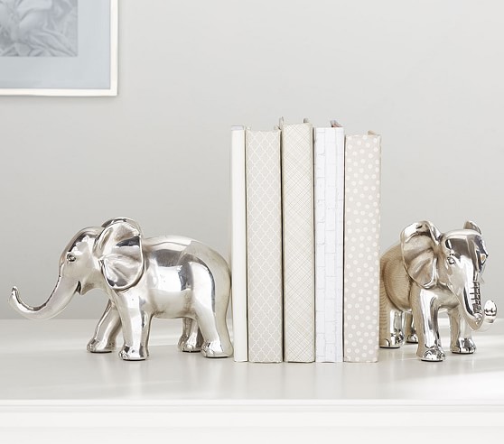 Ceramic Elephant Kids Nursery Room Bookends White Baby Shelf 