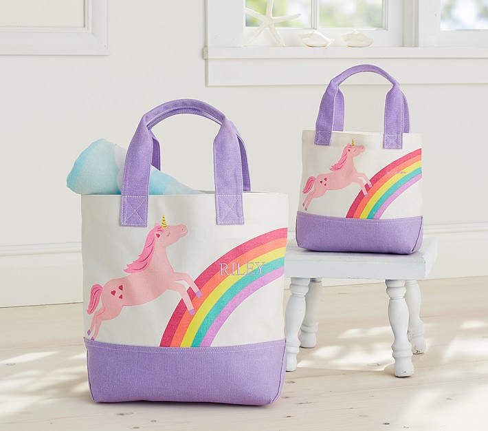 Pastel Unicorn Kids Tote Bag Personalized Unicorn with Stars Cotton Overnight Bag for Girls or Boys 3049