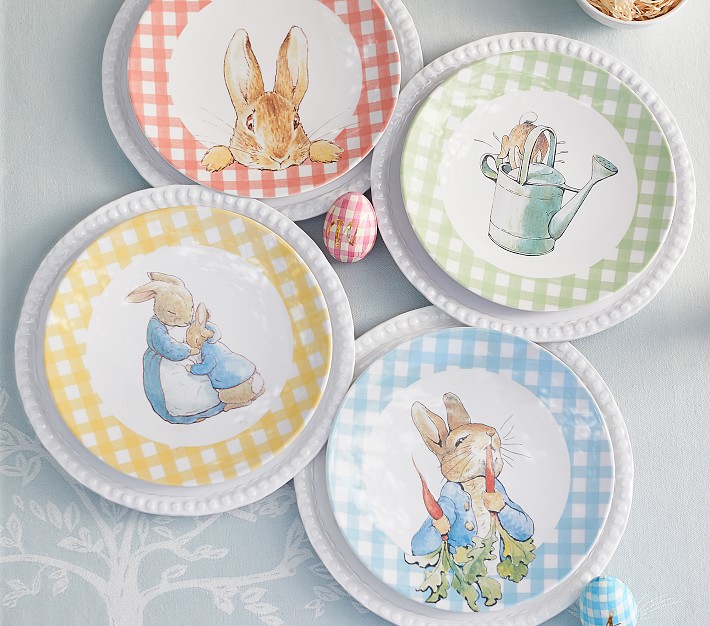 NEW Pottery Barn Kids Beatrix Potter Gingham Easter plates Mixed Set of 4 