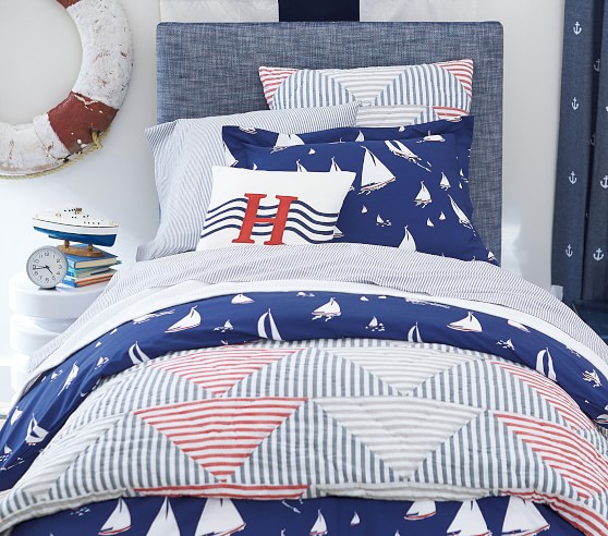 Pottery Barn Kids Organic Cotton Nautical Whale Boat Twin Duvet Cover New 