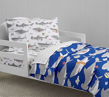 Pottery Barn Kids Organic Cotton Blue Swimming Mini Shark Queen Sheet Set New 