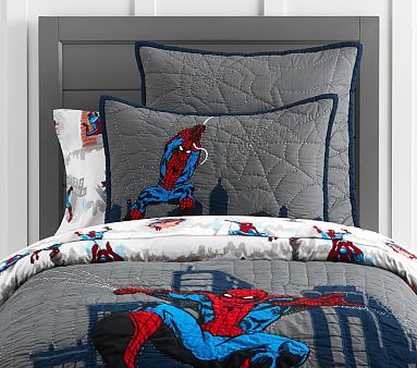 POTTERY BARN KIDS GRAY SPIDERMAN SPIDER MAN CITYSCAPE QUILTED PILLOW SHAM EURO 