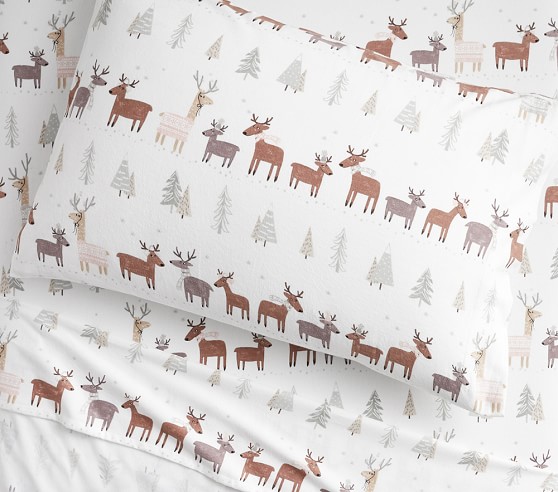 Organic Flannel Winter Reindeer Kids' Sheet Set | Pottery Barn Kids