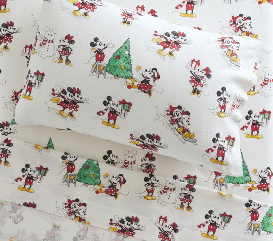 Pottery Barn Kids Disney Mickey Mouse Holiday Flannel Twin Sheets Christmas NWT! 