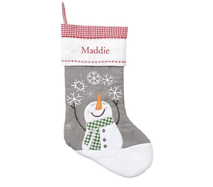 Snowman with Snowflakes Gray Quilted Christmas Stocking | Pottery Barn Kids