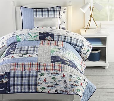 Pottery Barn Kid Patchwork SURF ISLAND Vibe Aloha BEACH TWIN Hibiscus Quilt Bed 