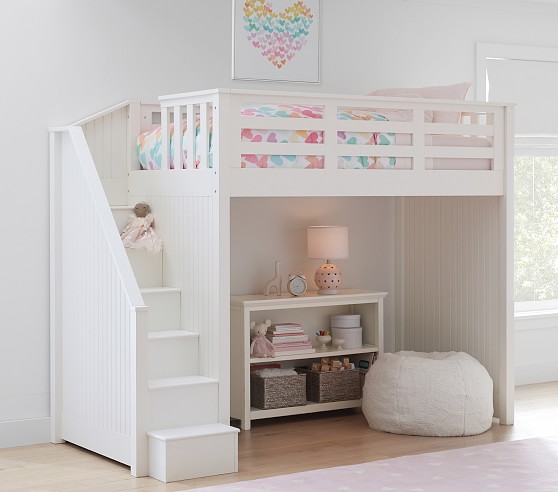 Catalina Stair Loft Bed For Kids, White Full Loft Beds