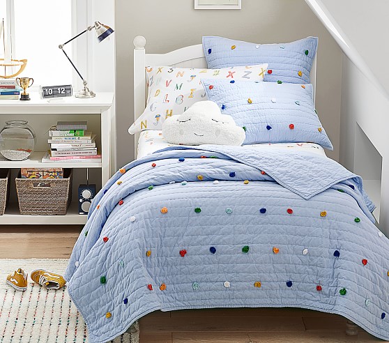 2pc POTTERY BARN KIDS Annabelle Patchwork Twin Quilt Sham Pom Pom multi colors 