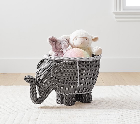 grey plush elephant wicker basket