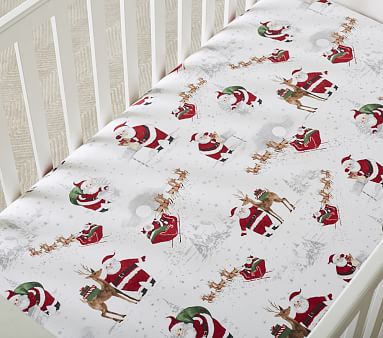 FLANNEL Pottery Barn Kids JOLLY SANTA Queen SHEET Christmas Bedroom Bed HERITAGE 