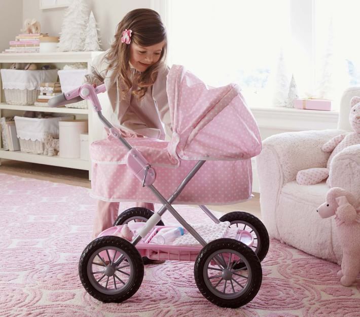 Exquisite Buggy Deluxe POLKA DOTS Doll Pram Stroller with Swiveling Wheels & Adjustable Handle and A Free Carriage Bag With 2 FREE Magic Bottles Included 