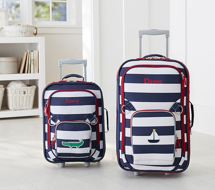 blue and white striped suitcase