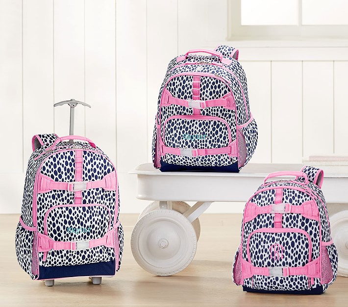 Pottery Barn Kids Rolling Backpack, Mackenzie Navy Pink Multi Hearts