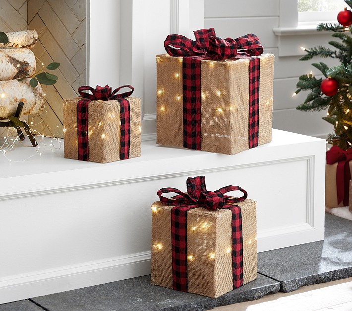 Wood Gift Boxes Set of 3 Distressed White with Black Buffalo Plaid
