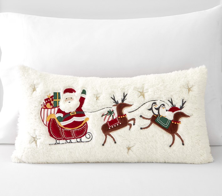 Christmas Tree Sled Embroidered Lumbar Pillow