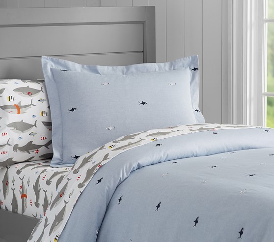 Oxford Embroidered Shark Kids' Duvet Cover | Pottery Barn Kids