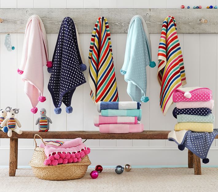 Organic Herringbone PomPom Baby Blanket Pottery Barn Kids