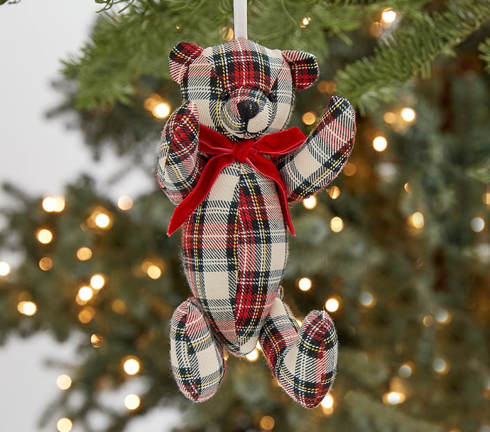 Christmas papa bear ornament, green plaid bear wood slice ornament