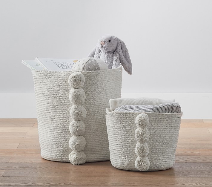 Buy Our Organic Cotton Stripped Pom Pom Storage Bin Gray, 12 x 12