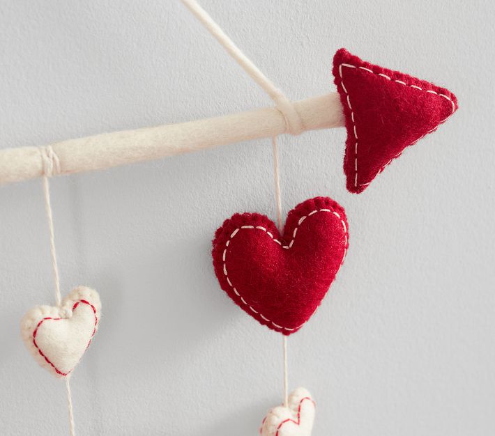 Valentine's Decoration Felt Hearts in Red and White on Wood Stems