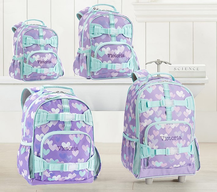 Mackenzie Lavender Aqua Cascading Hearts Backpacks