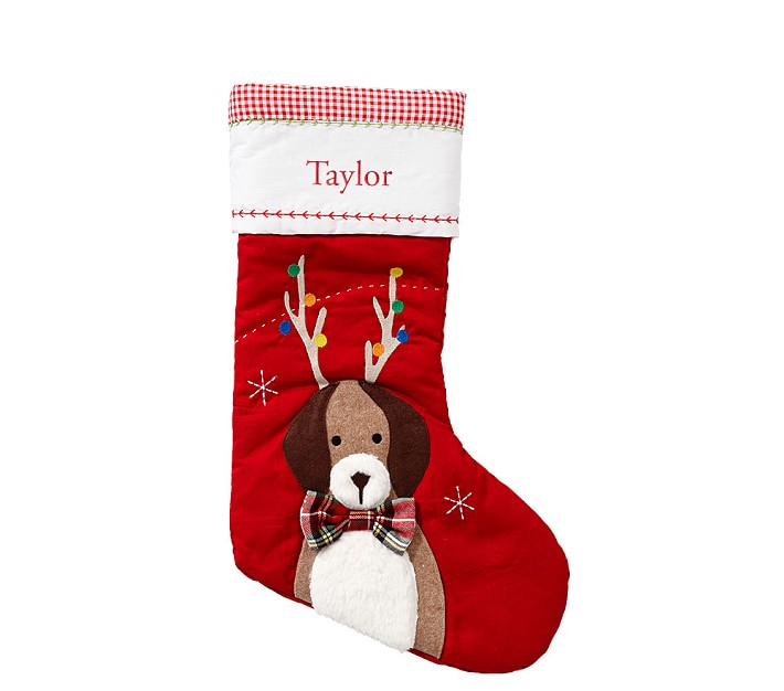 Dog With Antlers Red Quilted Christmas Stocking