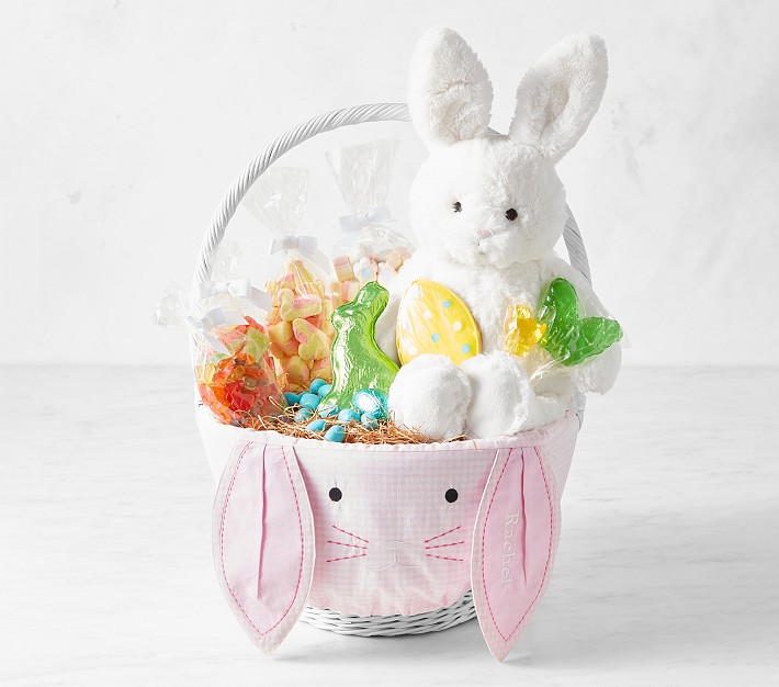 Williams Sonoma &amp; pbk Large Pink Gingham Bunny Face Easter Filled Gift Basket