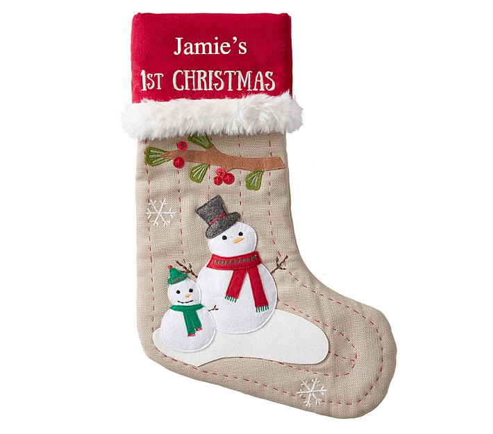 Personalized Baby's First Snowman Woodland Stocking