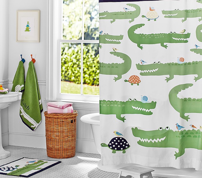 Toddler Boy Shower Curtain Set. Kids Bathroom Decor. Crocodile