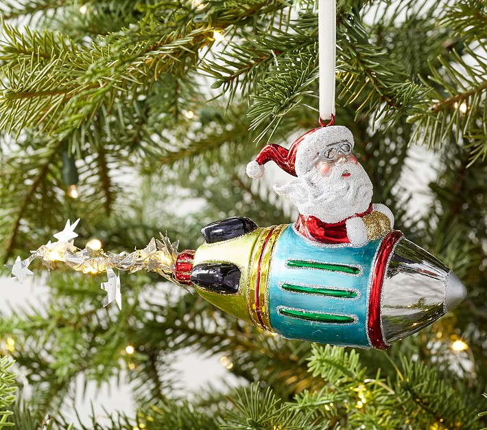 Light Up Mercury Glass Rocket Santa Ornament
