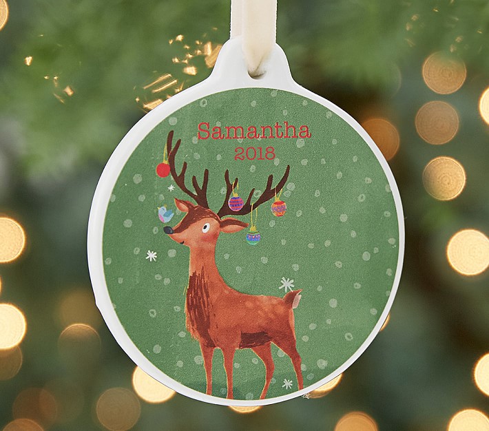 Personalized Ceramic Merry &amp; Bright Reindeer Ornament