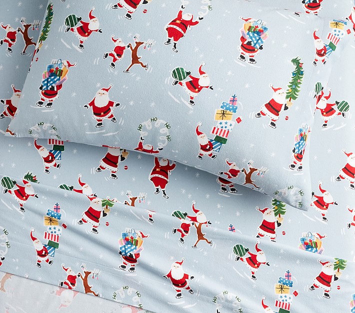 Flannel Skating Santa Organic Sheet Set &amp; Pillowcases