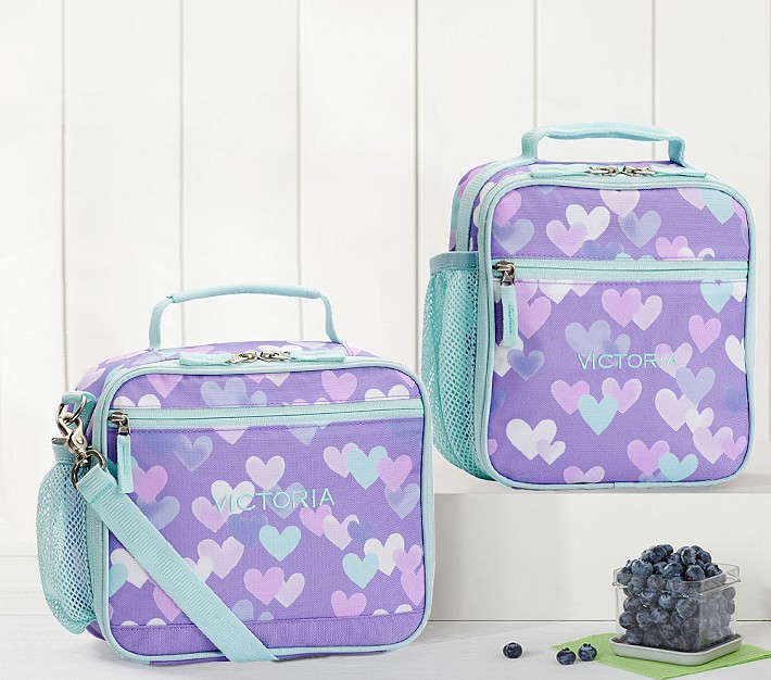Mackenzie Lavender Aqua Cascading Hearts Lunch Boxes