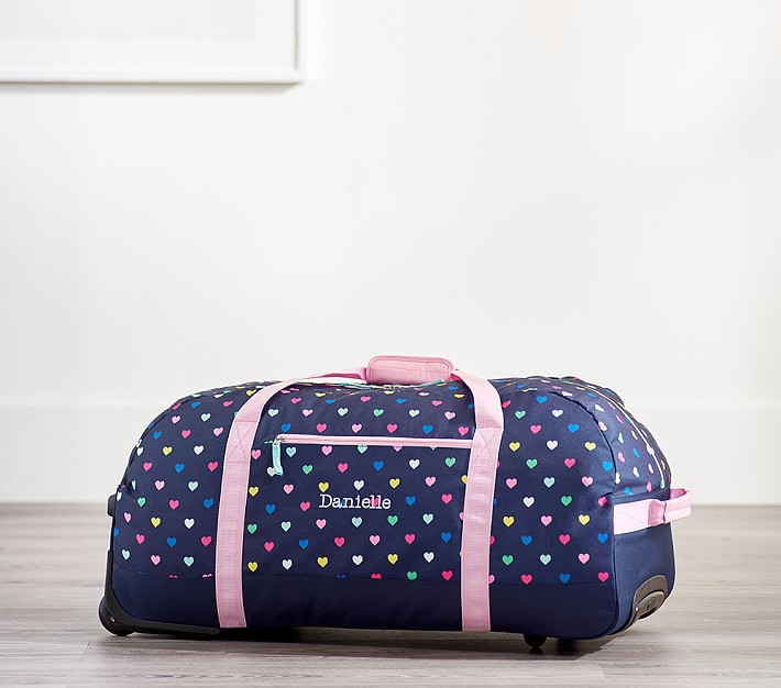 Mackenzie Navy Pink Multicolor Hearts Rolling Medium Duffle Bag