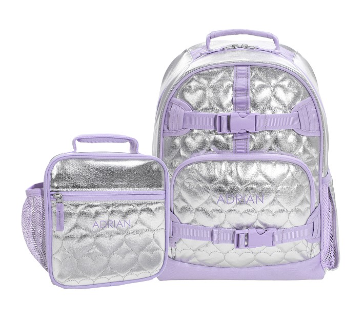 Mackenzie Silver Metallic Hearts Backpack &amp; Lunch Bundle, Set of 2