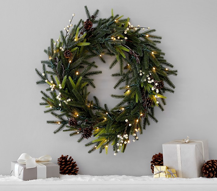 Lit Frozen Pine Wreath 