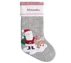 Santa With Rudolph® Gray Quilted Stocking