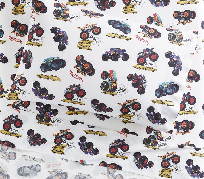 Pottery Barn Kids Organic Monster Trucks Sheet Set Queen White Multi