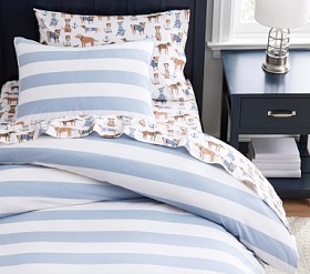 Pottery Barn Duvet Full offers Queen Blue Ticking Stripe Cotton Linen Blend 88x92