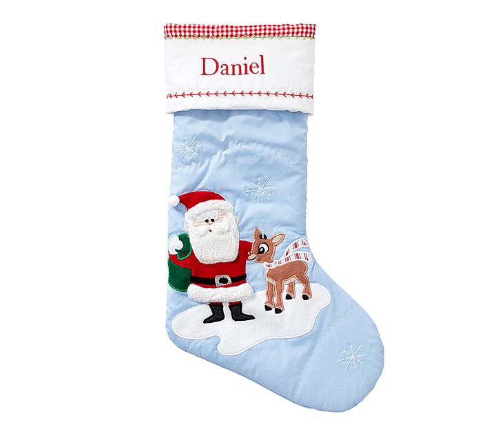 Santa With Rudolph&#174; Blue Quilted Stocking