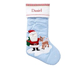 Santa With Rudolph® Blue Quilted Stocking