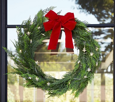 Faux Cedar Outdoor Wreath With Star Lights Pottery Barn Kids