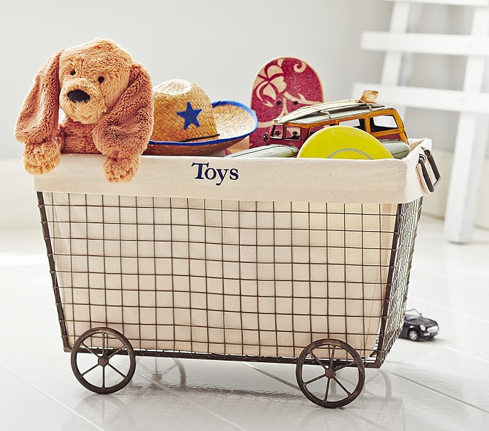 Wire Rolling Toy Basket With Natural Liner