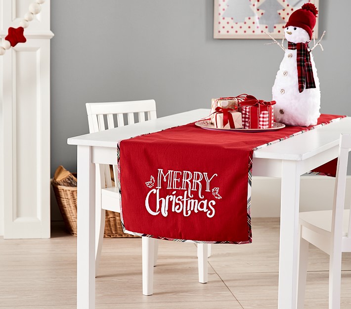 Merry Christmas Plaid Trim Table Runner