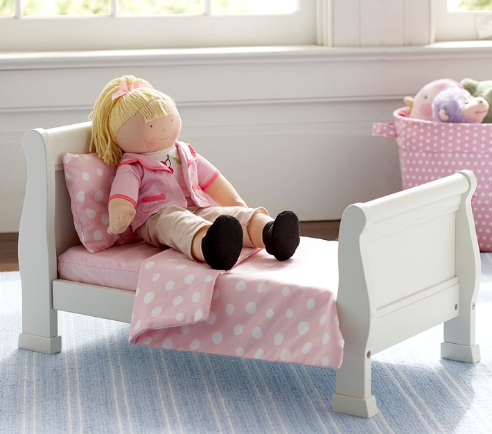 Doll Sleigh Bed and Polka Dot Bedding