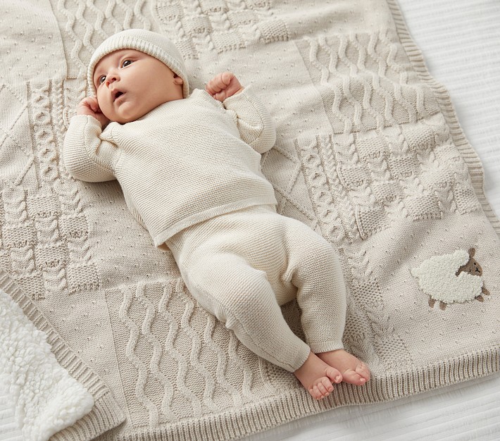 Sheep Patchwork Cable Heirloom Baby Blanket | Pottery Barn Kids Sheep Patchwork Cable Heirloom Baby Blanket | Pottery Barn Kids