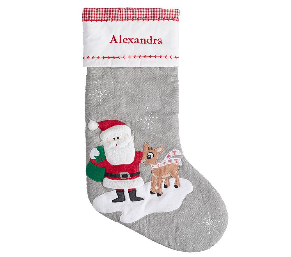 Santa With Rudolph&#174; Gray Quilted Stocking