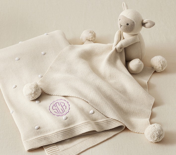 Cotton Sweater Knit Baby Blanket and Lamb Thumbie Set