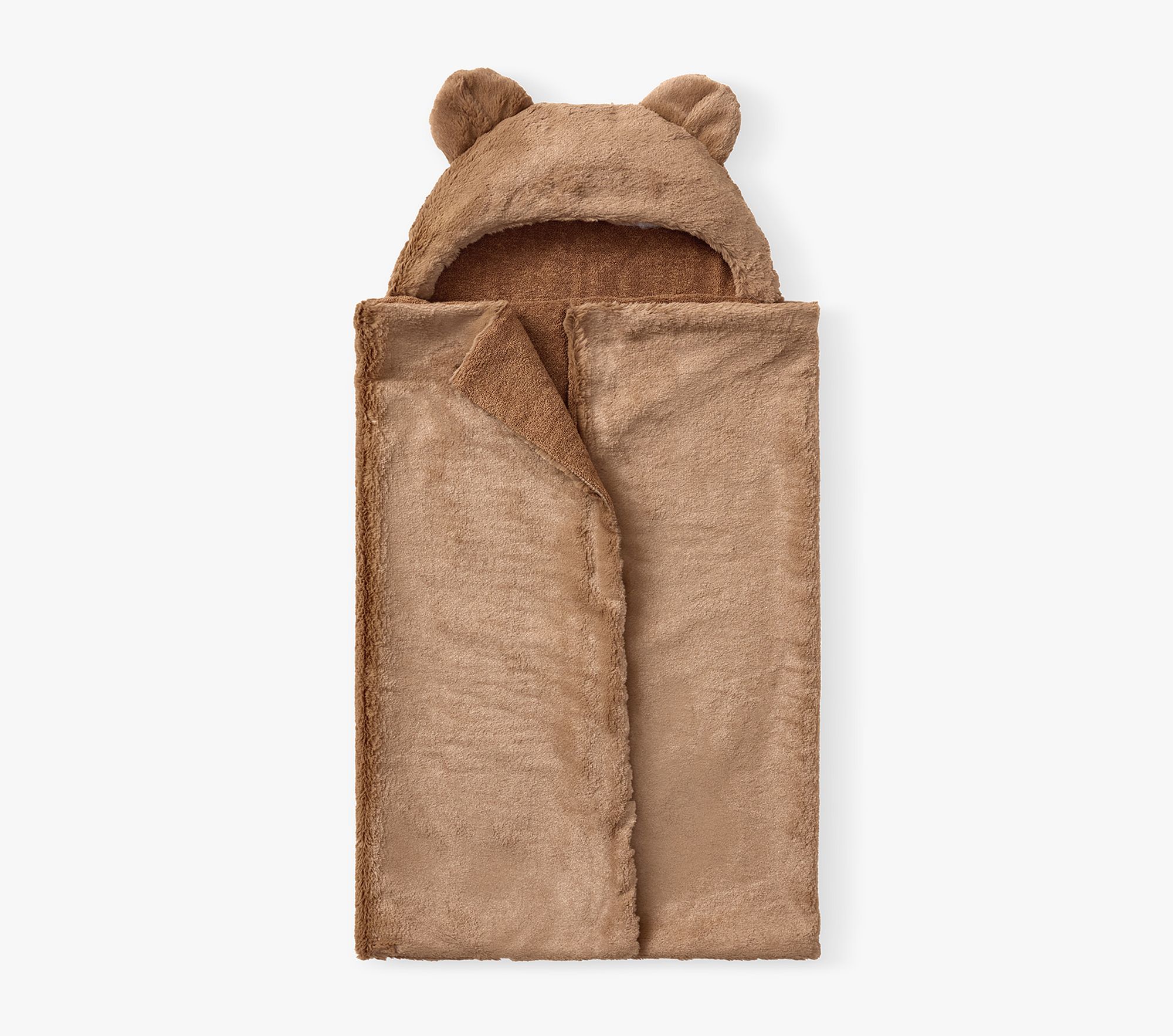 Faux Fur Teddy Bear Baby Hooded Towel - Nursery Wrap, Toasted Coconut